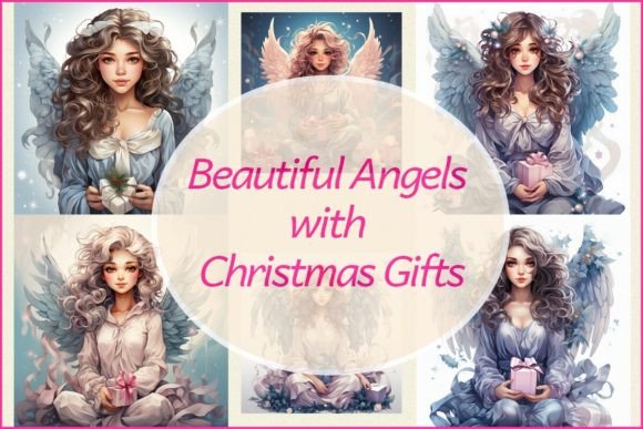 Beautiful Angels with Christmas Gifts Illustrations
