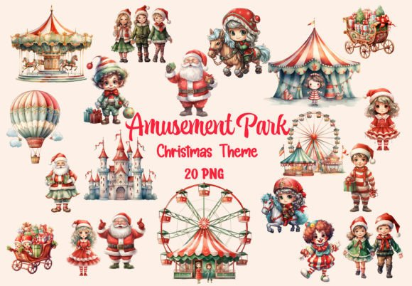 Christmas Amusement Park Watercolor Png Illustrations