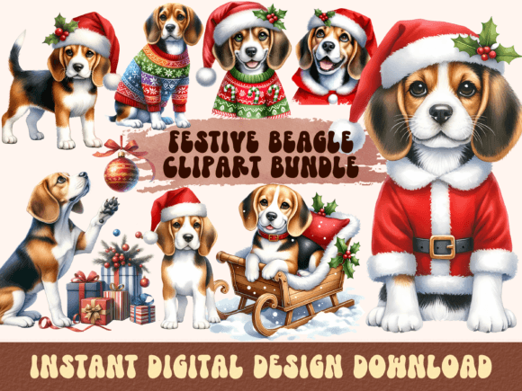 Christmas Beagle Clipart: Illustrations for Design