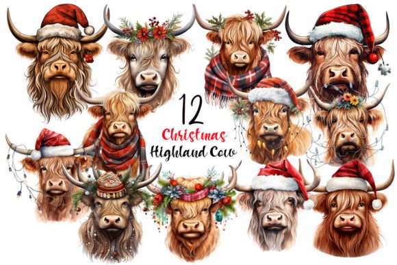 Christmas Highland Cow Sublimation PNG: Festive Illustrations