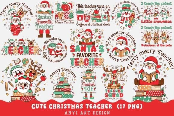Cute Christmas Teacher PNG Bundle: Festive Illustrations