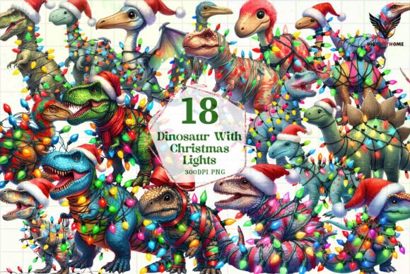 Dinosaur Christmas Lights Clipart & Illustrations