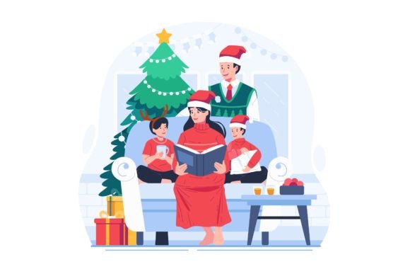 Family Reading a Book on Christmas Illustrations Review