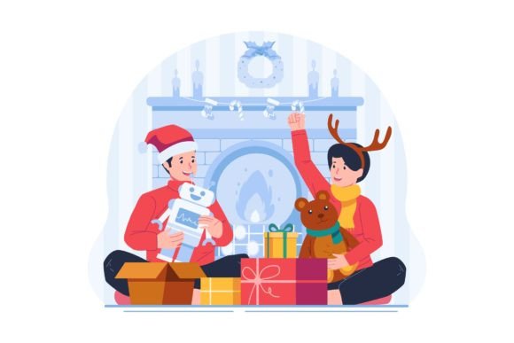 Kids Opening Gifts Illustrations
