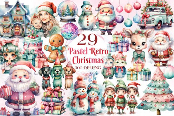 Pastel Retro Christmas Clipart Bundle: Illustrations