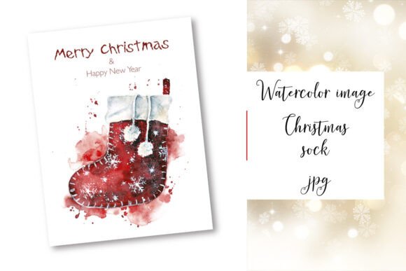 Postcard, Christmas Stocking, Watercolor Illustrations