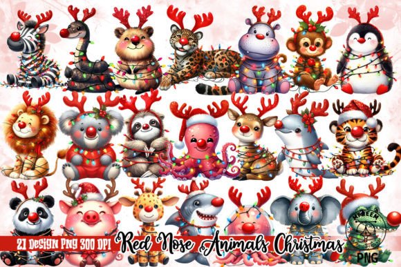 Red Nose Animals Christmas Clipart PNG: Festive Illustrations