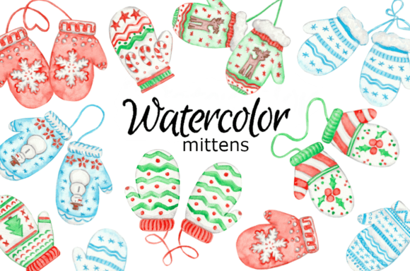 Reviewing Christmas Mittens Watercolor Clipart Illustrations
