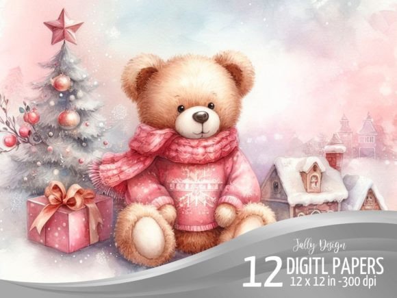 Teddy Bear at Christmas Pink Backgrounds Illustrations