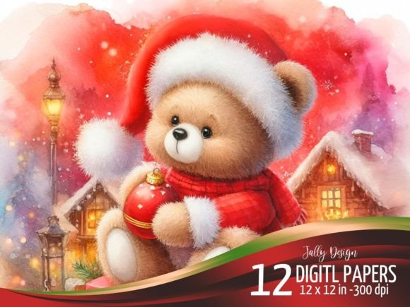 Teddy Bear at Christmas Red Backgrounds: Festive Illustrations