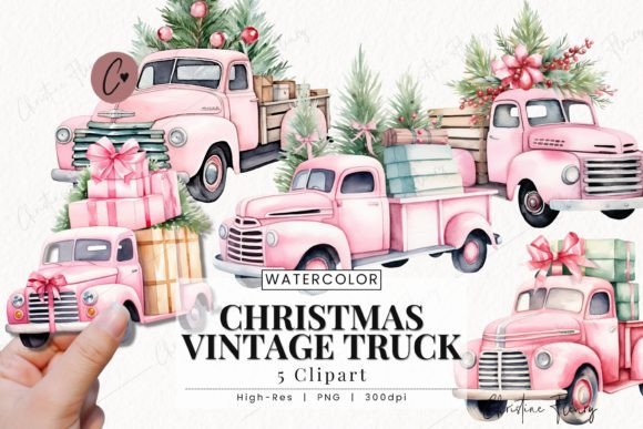 Watercolor Pink Christmas Vintage Truck Illustrations