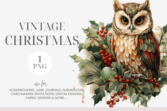 Watercolor Vintage Christmas Owl Clipart & Illustrations